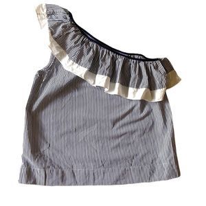 J Crew Off Shoulder Tank Blouse Pinstripe Navy Ruffle Top Strapless